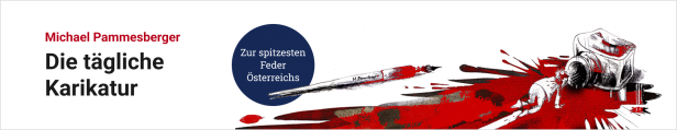 Karikatur von Pammesberger: Kleiner Pammesberger trinkt an umgekipptem Tintenfass, aus dem rote Farbe gelaufen ist.
