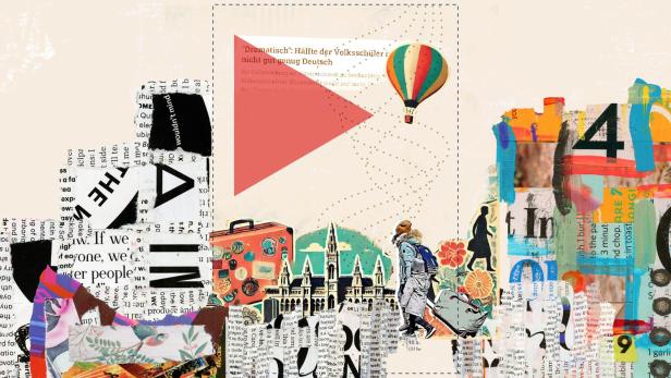 Symbolbild Migration in Wien: Collage zeigt Wiener Rathaus und Migranten